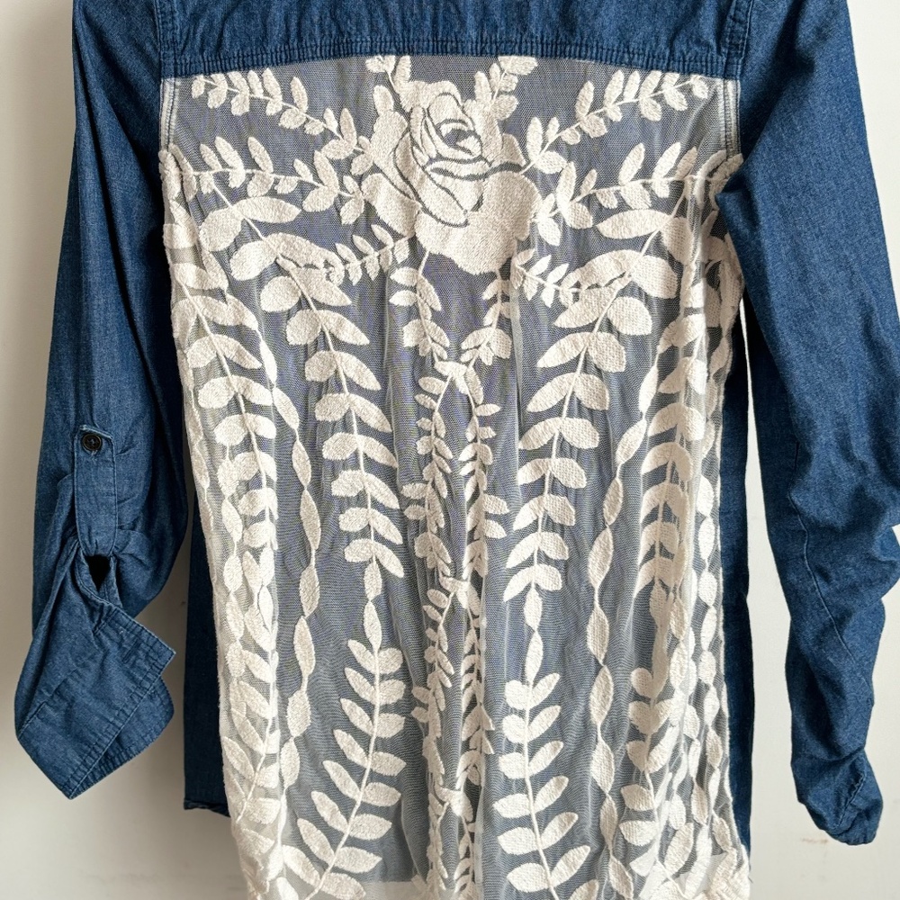 Denim button up shirt with beautiful white lace design